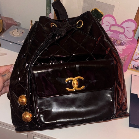 CHANEL Handbags - Chanel Glossy patent leatherBlack Backpack with 24k Gold Accents